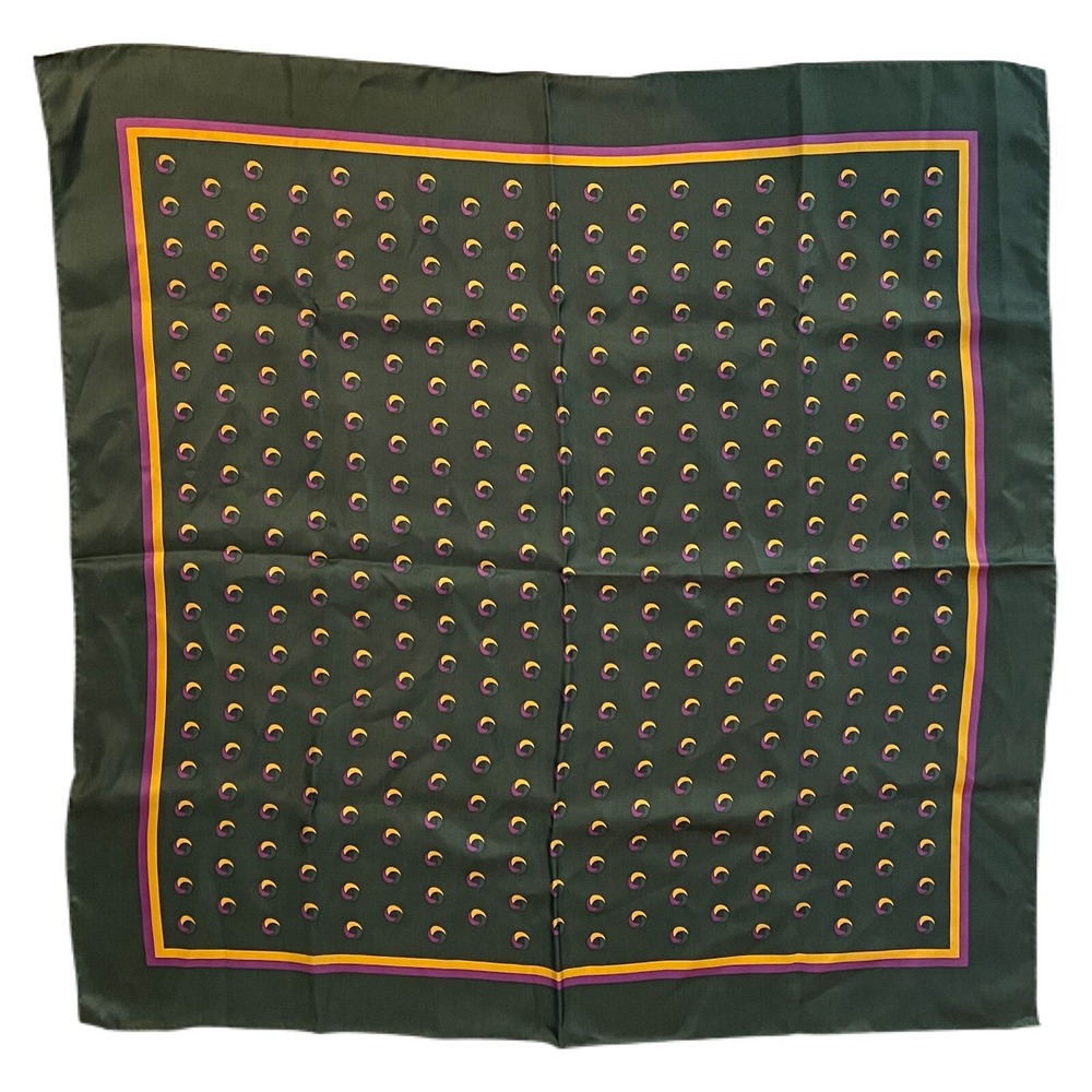Silk Scarf Hand Rolled 100% Silk Green Square Multicolor Print 30" Made In Korea